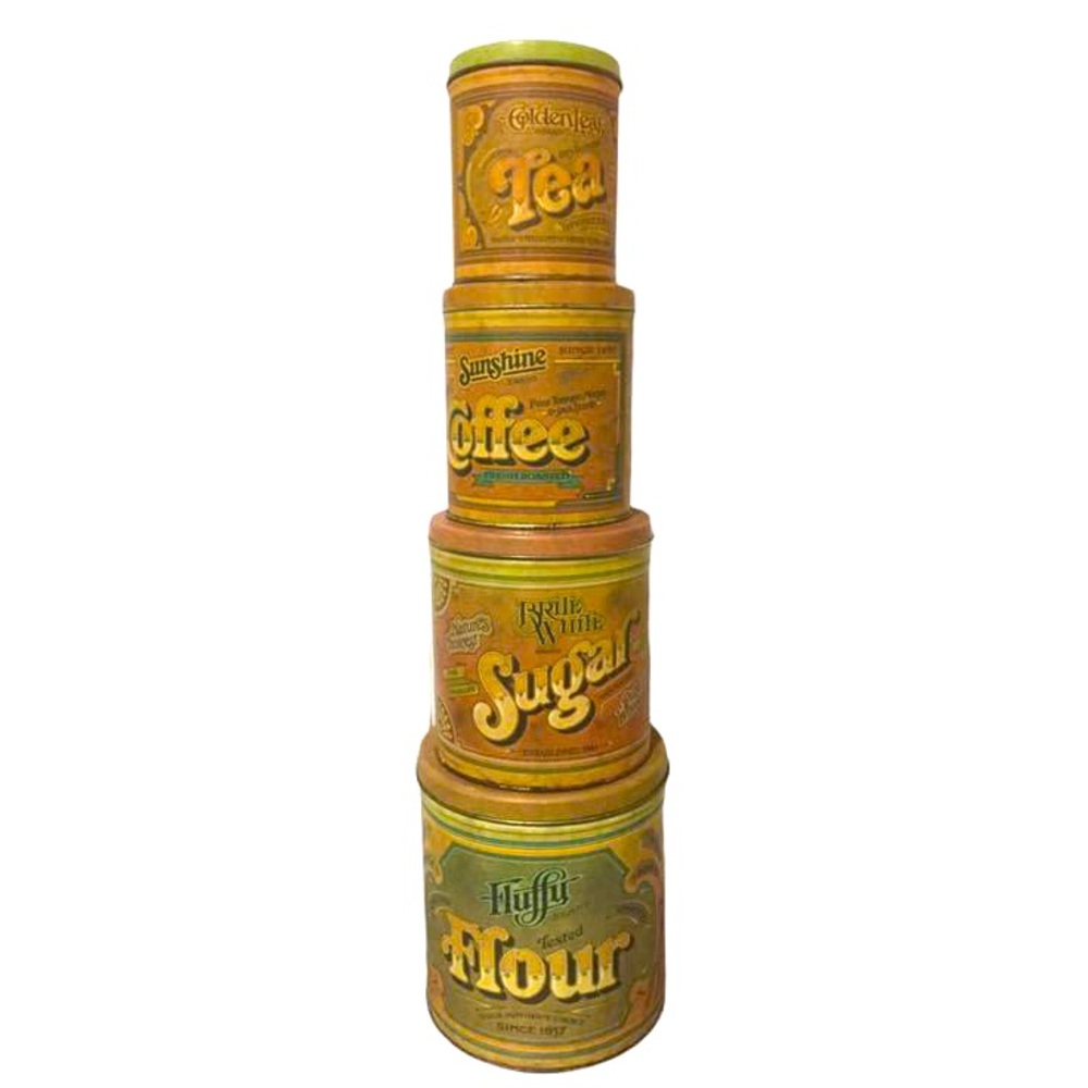4 Piece Vintage 1970 Ballonoff Canister Nesting Tins Set Sugar Coffee Tea Flour